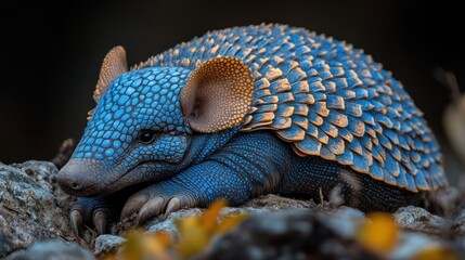 Obraz premium Armadillo in a denim jacket, curled up pose, rocky terrain, rugged look, blue tones