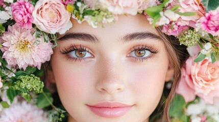 Obraz premium Woman, floral crown, beauty, portrait, spring, closeup, soft, natural light, website banner