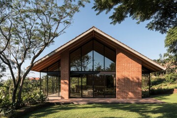 A contemporary brick home features expansive glass windows that beautifully reflect the vibrant greenery surrounding it, all set in a peaceful daytime landscape
