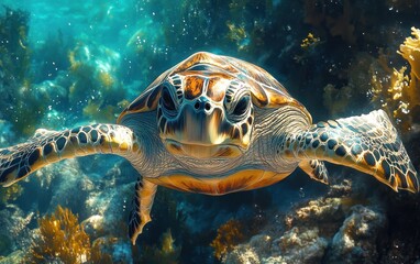 Fototapeta premium Sea Turtle in an oceanographera??s suit, cruising tropical seas, ancient, wise, marine