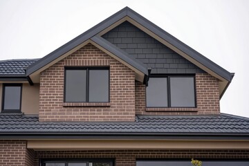 Modern residential architecture showcases stylish brickwork and sleek window design in a suburban neighborhood on a cloudy day