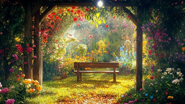 A charming garden scene with an arbor covered in vibrant flowers, a wooden bench surrounded by colorful blooms, and sunlight filtering through the leaves, 