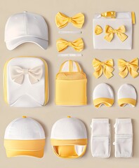 Baby's Yellow and White Outfit Accessories: Caps, Bags, and Bows
