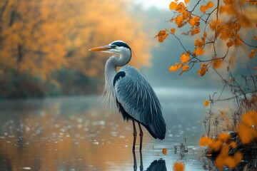 Fototapeta premium Heron in a fishermana??s shawl, standing in reeds, still, patient hunter, graceful
