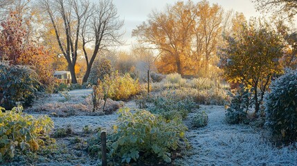 Fototapeta premium A crisp autumn morning in a backyard vegetable garden, with frost-tipped plants and golden light. 