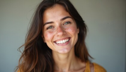 Naklejka premium Smiling young woman portrait with natural skin. National Acne Positivity Day. Confident girl with beautiful skin, facial freckles, minor hormonal acne. Self-acceptance, skincare concept.