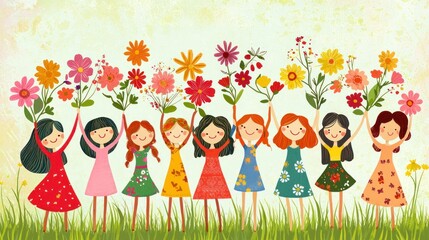 A cute International Women's Day illustration featuring cartoon-style women celebrating with flowers.