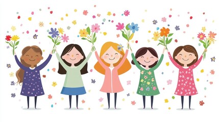 A cute International Women's Day illustration featuring cartoon-style women celebrating with flowers. 