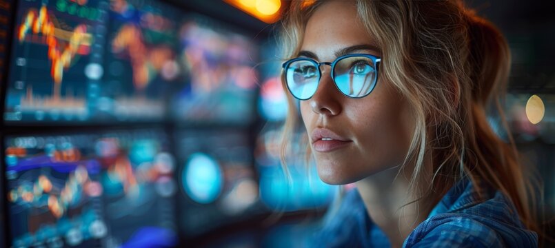 Focused Female Scientist Analyzing Charts and Data on Computer Screens in a Modern Research Lab.