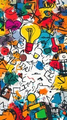 Obraz premium Colorful abstract painting showcasing lightbulb icons and various scribbles