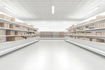 Empty supermarket aisle, boxes on shelves, bright lighting, clean floor, retail stock photo
