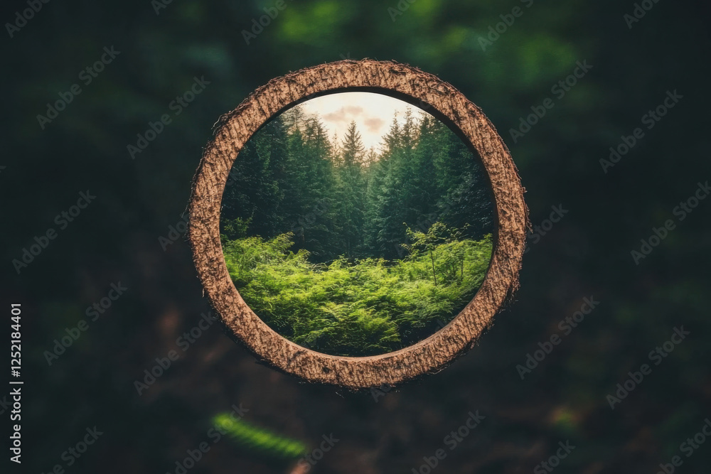 Poster a circular view of a forest with trees and a sun in the background