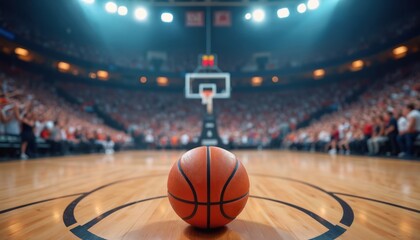 Basketball ball on court in arena with blurred crowd background. Sport venue atmosphere, anticipation of game. Indoor hardwood surface for team competition, thrilling action sports event.
