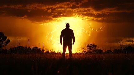 Fototapeta premium Silhouette of a man against a stormy sunset sky with lightning.