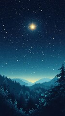 Fototapeta premium Starry night sky over forest landscape with shining star