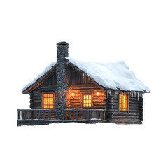 Cozy Log Cabin with Lit Window and Snow-Covered Roof Isolated on Transparent Background