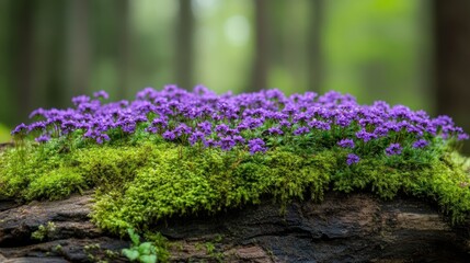 Obraz premium Purple Flowers Blooming on Moss Covered Log