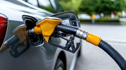 Yellow gas nozzle inserted into car's fuel tank, refueling a silver vehicle at gas station.