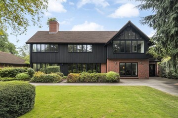 Modern architecture highlights a spacious home in a serene neighborhood surrounded by lush greenery and well-maintained landscaping in broad daylight
