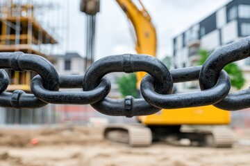 Naklejka premium Close-up of thick black chain links, with construction site and excavator in the background.