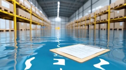 Obraz premium Flooded warehouse with shelves, floating clipboard with insurance form.