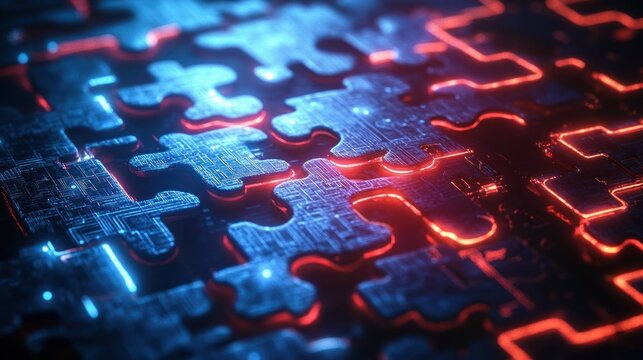 Futuristic Digital Puzzle Piece Concept with Neon Lights and Circuit Patterns Symbolizing Technology Integration - Powered by Adobe