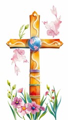 flowers easter cross illustration colorful watercolor cross easter religion flower bouquet flower pink spring floral blossom beauty flora bloom arrangement gift decoration colourful watercolor