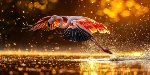A flamingo in mid-flight over a reflective lake, surrounded by golden light at dawn. 