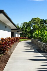 Obraz premium Curved pathway lined with vibrant tropical plants at a modern building in bright daylight, showcasing outdoor architectural beauty in a serene environment