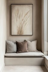 Cozy corner with neutral tones and artistic decor in a modern interior space featuring a comfortable seating area and a nature-inspired artwork