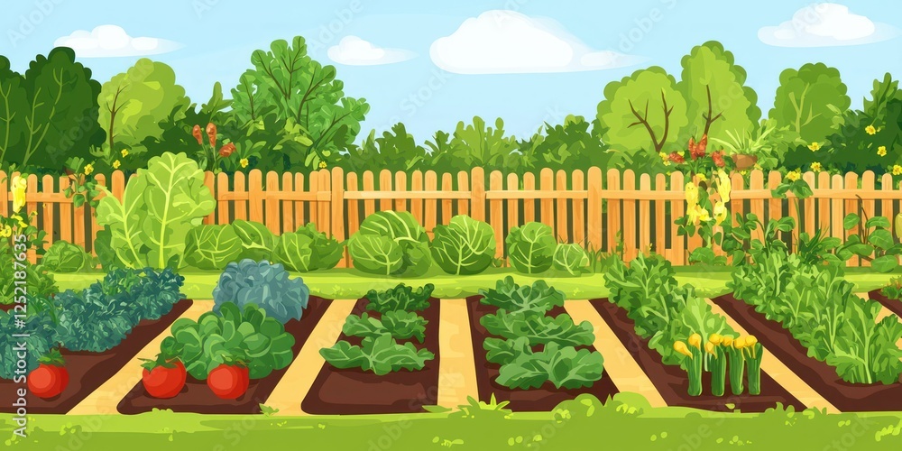 Poster a flat design vector of a vegetable garden with neat rows of vegetables and a small wooden fence.