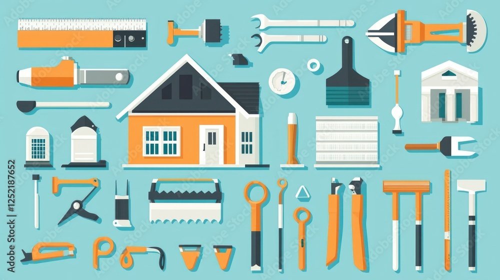 Poster A flat design set of icons representing property development, including buildings and tools. 
