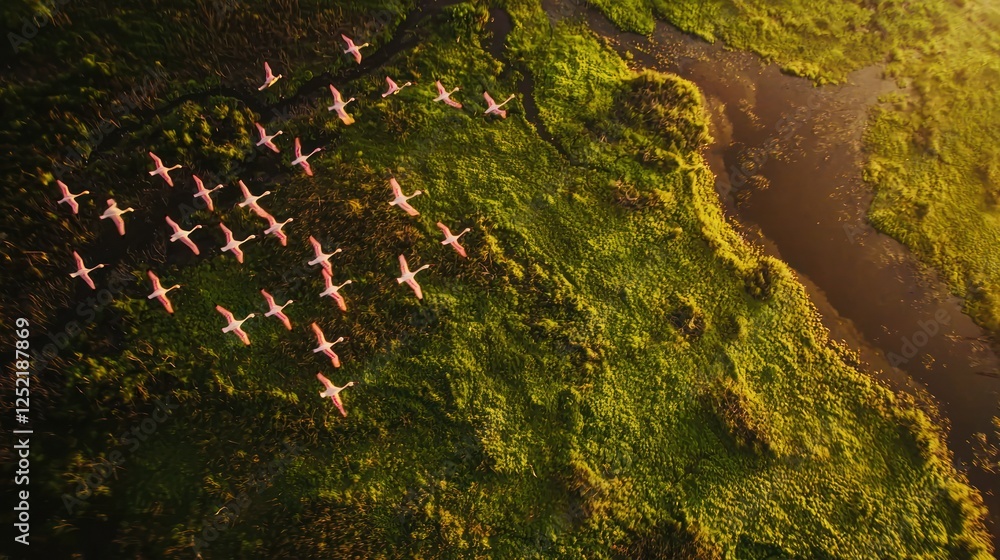 Poster a flock of lesser flamingos flying above a marshland, creating a stunning aerial view.