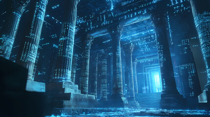An ancient temple with columns is illuminated by bright blue digital data, creating a surreal and futuristic scene. Ancient Data Ruins. Illustration