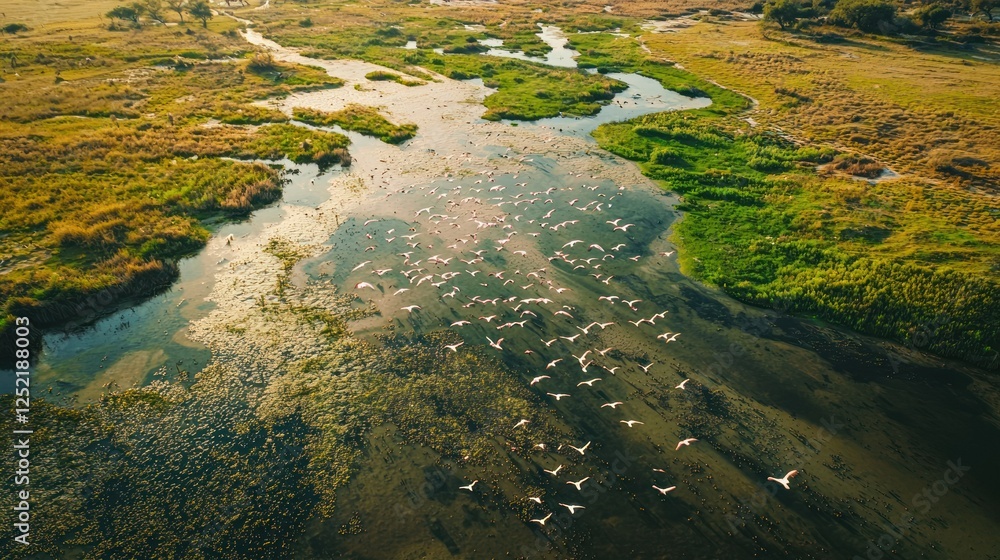 Poster A flock of lesser flamingos flying above a marshland, creating a stunning aerial view. 