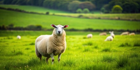 Fototapeta premium A sheep stands alone in a lush green meadow with grazing sheep in the background, countryside, sheep, countryside