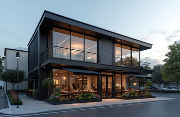 Fototapeta premium Exterior of modern black, gray coffee shop with glass windows. Two-story building facade features outdoor seating, contemporary architectural design. Urban scene suggests inviting cafe atmosphere for