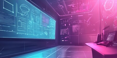 Fototapeta premium Glowing classroom displays diagrams and technical schematics in neon colors