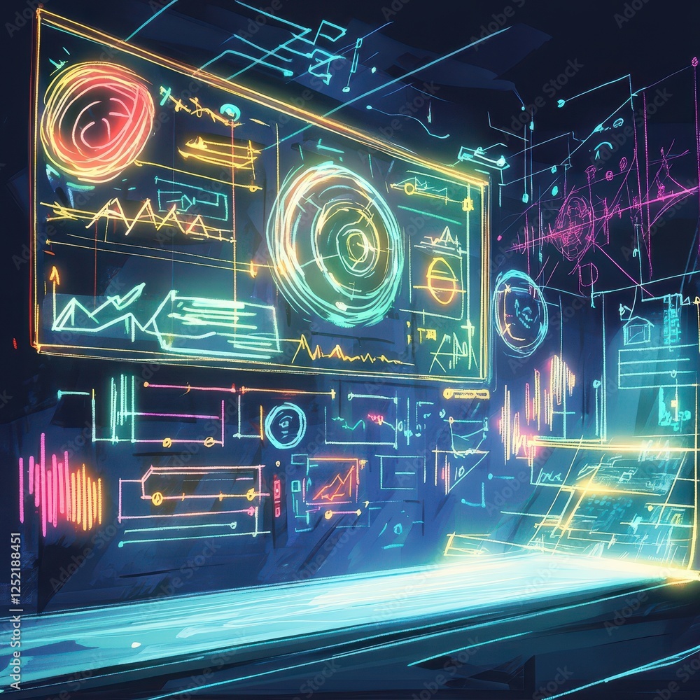 Poster futuristic interface displays data and graphs with vibrant colors