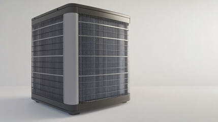 An HVAC unit is isolated against a white background, serving as a condenser for home air conditioning systems.