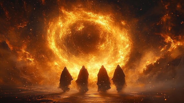 Cloaked Figures Approaching a Fiery Portal Depicting Faith and Trials in a Dramatic Scene