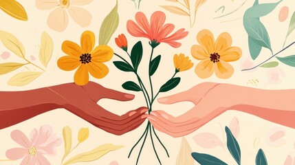 A gentle International Women's Day illustration with hands holding flowers symbolizing empowerment. 