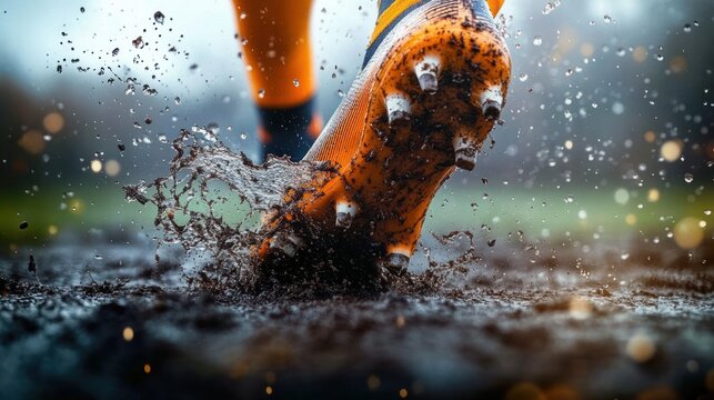Close up shot of soccer cleats splashing in muddy field with water droplets