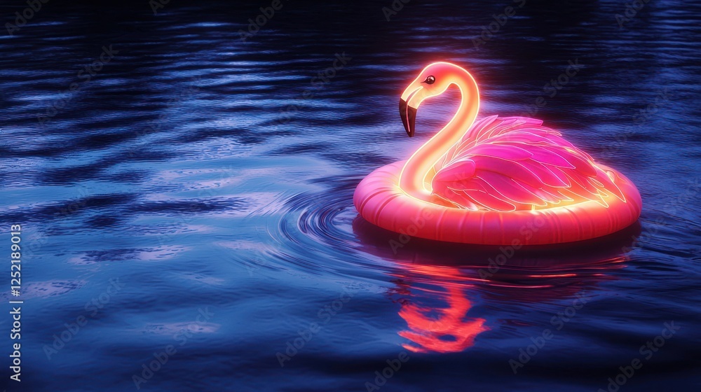 Poster A glowing neon flamingo floaty, floating in a pool at night with neon lights. 