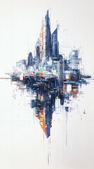 Fototapeta premium Architectural sketch of a futuristic city with inverted reflection