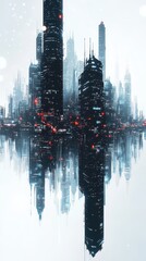 Naklejka premium Reflected cityscape reveals a dazzling architectural marvel in dark tones