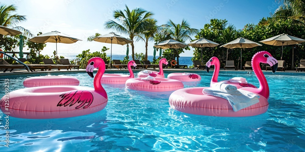 Poster a group of flamingo floaties in a beach resort pool, with towels and beach umbrellas scattered aroun