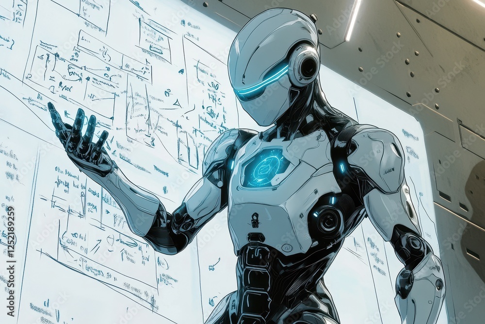 Poster white and black futuristic robot stands by a data display