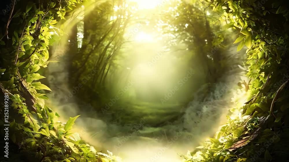 Poster a mystical forest scene with soft light filtering through greenery, creating an enchanting and seren