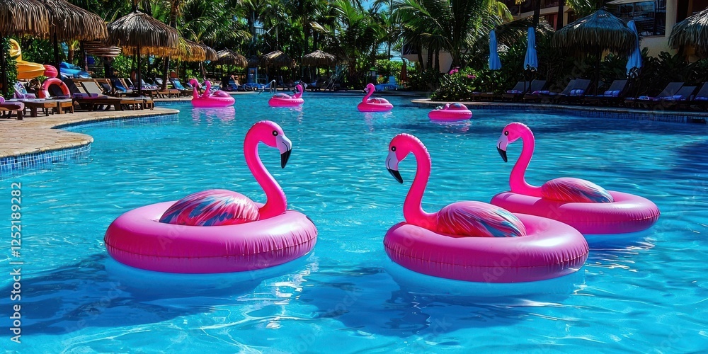 Poster A group of flamingo floaties in a beach resort pool, with towels and beach umbrellas scattered around 